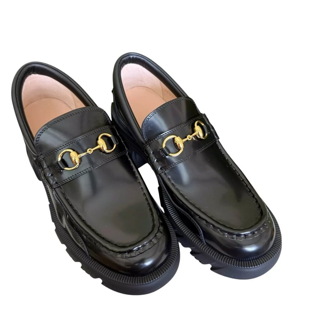 Gucci Women's Horsebit Lug Heels Black Leather Loafers sz 39.5